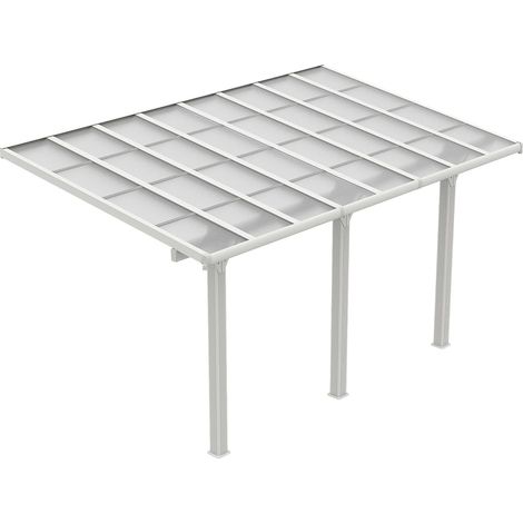 Vente-Unique – Carport pergola adossée aluminium 15,13 m² – Toit polycarbonate résistant aux UV – 3 piliers – Hauteur ajustable 240/285 cm – Blanc
