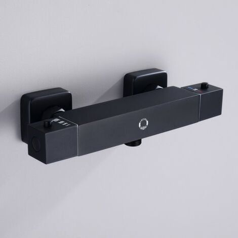 Schwarzer Thermostat-Duschmischer, quadratischer Duschhahn mit Thermostat mit Sicherheitsknopf 38 °C, Thermostat-Badewannenduschmischer aus Messing für Badezimmer – Schwarz