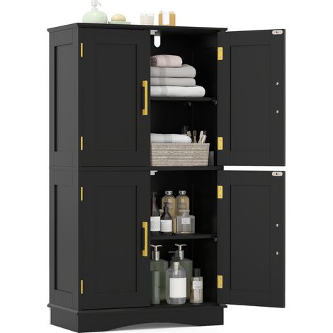 Costway – Meuble de rangement salle de bain 110 cm – Garde-manger autoportant avec 4 portes et 2 étagères réglables – MDF noir (1/5)