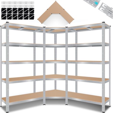 Masko – Set de 3 rayonnages métalliques – 1 étagère d'angle + 2 étagères – Capacité 175 kg par étage – Construction métal galvanisé – Ajustable en hauteur