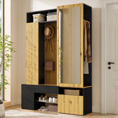 DESMIU Armoire d'entrée avec miroir, meuble à chaussures, penderie et crochets pour couloir, MDF, noir et naturel (1/5)