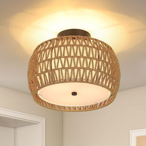 Lampe de plafond suspendue en rotin, plafonnier boho avec abat-jour en rotin, lampe de plafond vintage, lampe panier boho noire pour le salon, la chambre, la cuisine et le couloir. [Classe énergétique