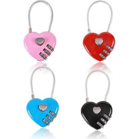 Juego de 4 candados con forma de corazón, mini candado de combinación, cable metálico, código de 3 dígitos, candado de combinación, candado para parejas, contraseña reiniciable, caja de seguridad para (1/5)
