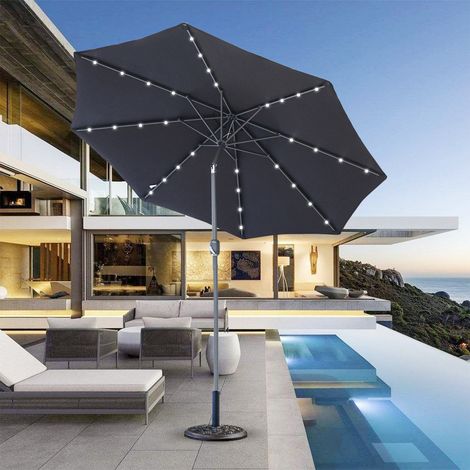 2.7M Garden Solar LED Parasol Sun Shade Patio Umbrella with Tilt Crank Black w/ Base (1/5)