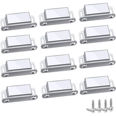 Cierres magnéticos, 12 unidades, potentes y robustos, hasta 6 kg, para cajones, puertas de ducha, armarios, gabinetes, estantes, muebles (45 mm - 12 unidades). (1/5)