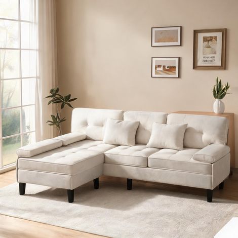 Sofa d'angle convertible avec repose-pieds en tissu beige en foam (1/5)
