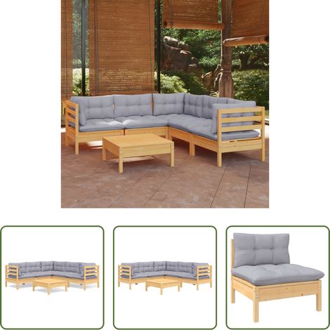 Terrassensofa - 6-tlg. Garten-Lounge-Set mit Grauen Kissen Kiefer Massivholz (1/5)