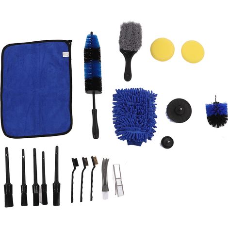 Kit 18 pcs brosses de détaillage auto, brosses perceuse pneus, gant lavage, serviette, tampon cire, outil nettoyage jantes, pot d'échappement - Lot A (1/5)