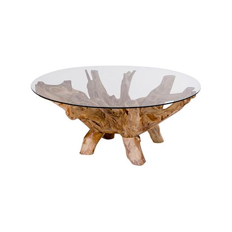M&S – Table basse ronde en teck et verre trempé Ø110cm – Pieds en teck massif – Design organique pour salon spacieux (1/4)