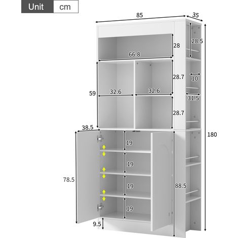 Armoire de rangement moderne et multifonctionnelle, haute armoire avec étagères ouvertes, 2 portes et étagères latérales, pour salon, salle à manger, bureau et chambre, blanche, 85 × 35 × 180 cm (1/4)