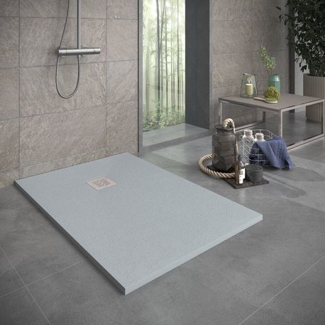 Receveur de douche 100x140 cm extra plat en résine minérale SIERRA béton Grille inox (1/5)