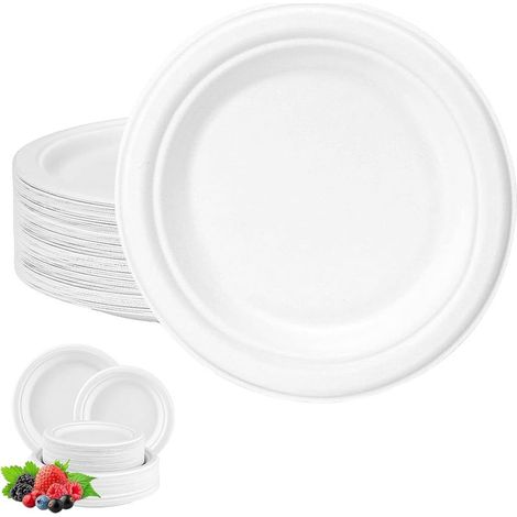 Assiettes Jetables Rondes 15cm - 100 Pièces - Fibre Canne À Sucre - Résistant Micro-ondes - Pique-nique Anniversaire - Blanc