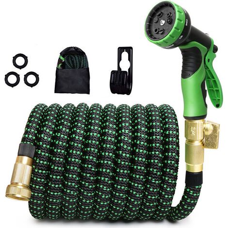Ausziehbarer Gartenschlauch 15 m, Gartenschlauch mit Halter und Gießpistole mit 10 Funktionen, einziehbare Wasserschlaucharmaturen, Gartenbewässerung und -reinigung (50 Fuß, Schwarzgrün)