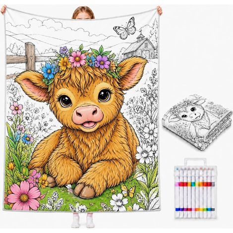 Couverture a Colorier DIY（152x127cm） avec 24 Marqueurs de Couleurs Plaid à Colorier Lavable pour Adulte Couverture Coloriage pour Femme Famille Ami Cadeau pour Anniversaire Noël (1/5)
