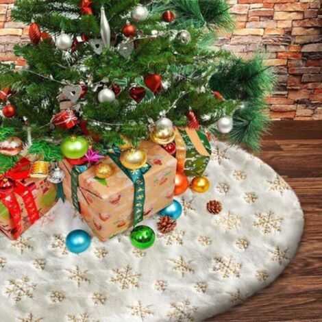 Christmas Tree Skirts, 90CM Plush Christmas Tree Mat White Round Tree Base Cover with Golden Snowflake Artificial Tree Skirt (1/5)