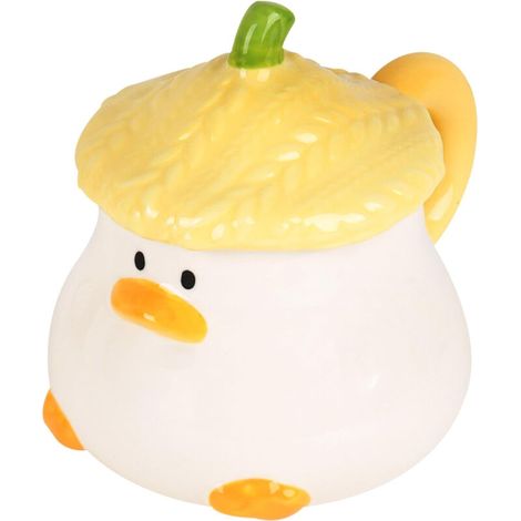 Tasse à café en céramique canard avec couvercle texturé, grande capacité 350 ml pour thé, lait, céréales, idéale bureau, maison, cadeau (jaune) (1/5)