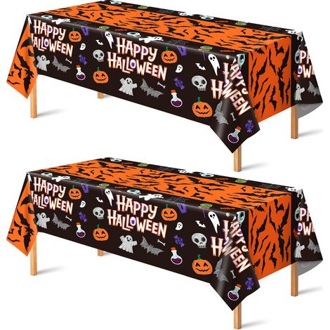 Nappe Halloween Décorations, 130 × 274 cm Nappe de Fête en Plastique, Motif Citrouille Chauve‑souris Fantôme, Nappe Jetable Noire Orange pour Soirée Halloween, Fête à Thème, 2 Pièces