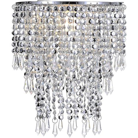 Pendentif 3 niveaux, abat-jour chandelier de plafond avec gouttelettes bijoux en acrylique, abat-jour en billes avec contour de chrome et billes étincelantes, diamètre 22 cm, chrome (1/5)