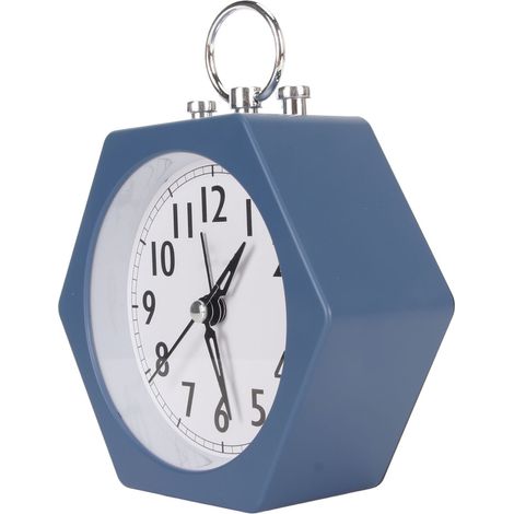 Mini réveil polygonal à boîtier bleu, multifonctionnel et silencieux, idéal pour une utilisation sur la table de chevet, dans la chambre, la cuisine et au bureau.