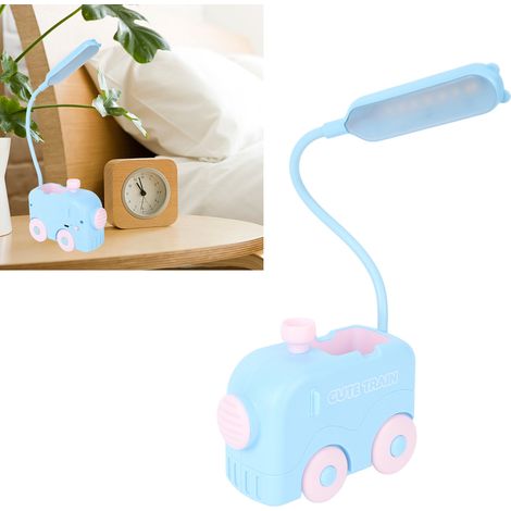 Kreative LED-Miniatur-Nachttischlampe in Zugform, augenschonend, mit Stifthalter, USB-aufladbar, blau. Lese-/Arbeitslampe mit Stifthalter. (1/5)