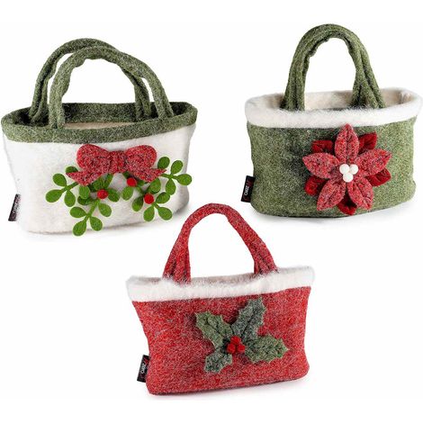 Borsette a cestino in morbido panno con decoro vischio, agrifoglio e stella di Natale in rilievo, set da 3 pezzi, cm21x7,5x11,5H (con manici20)