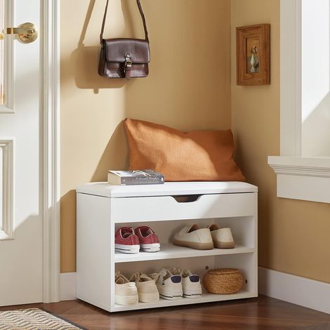 SoBuy Panca Scarpiera Ingresso Scarpiera Salvaspazio Slim con Seduta Imbottita Contenitore Ripiani Cassapanca Panca Contenitore Bianco 60x30x44 cm Portata 120kg FSR25-W