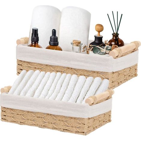 Lot de 2 Panier de Rangement, Corbeille Tressé Rectangulaire Panier Rangement Salle de Bain Panier de Rangement Tissé en Corde de Papier Grand+Petit avec Anse pour Salle de Bain, Salon (Beige) (1/5)