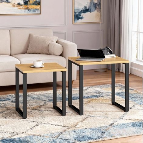 Set di 2 tavolini da caffè effetto legno con struttura in metallo, 60x50x60 cm, naturale (1/5)