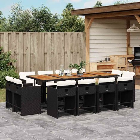 Ensemble repas de jardin 13 pièces en résine tressée, noir et marron, coussins blanc crème, 123.6kg - PANGIVO (1/5)
