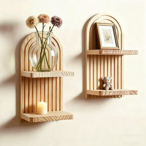 2er-Set Wandregale im Boho-Stil – 2-stöckige, schwebende Regale aus Massivholz, handgefertigtes Regenbogen-Design – Wanddekoration für Dekoartikel, sandfarben (1/5)