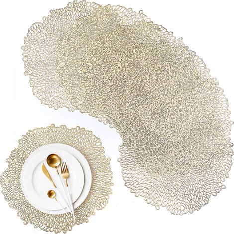 Set de 6 sets de table ronds dorés 2024, en PVC résistant à la chaleur et lavable, pour la décoration de la cuisine. (1/5)