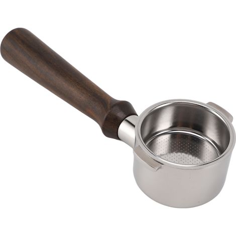 Porte-filtre sans fond de 51 mm avec 2 ailettes, compatible avec les cafetières Delonghi. Porte-filtre sans fond en acier inoxydable, manche en bois, style droit. (1/5)