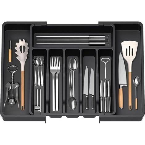 Range couverts extensible 33-57 cm Organisateur de tiroir réglable en PP sans BPA 8 compartiments Rangement compact pour cuisine (1/5)