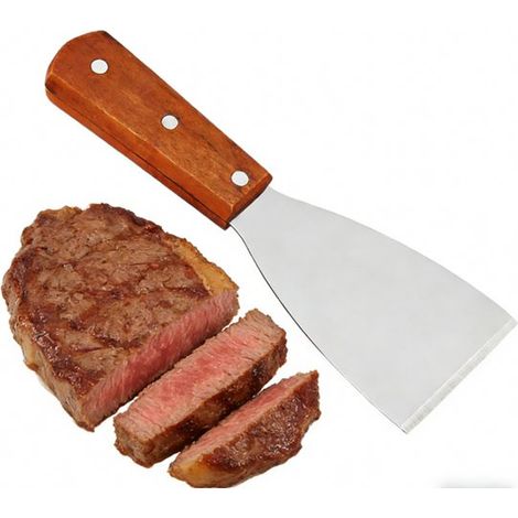 Spatule de cuisine en acier inoxydable avec manche en bois, flexible et durable, 21 x 7,5 cm, pour steak, crêpes, friture, cuisine japonaise et barbecue (1/5)