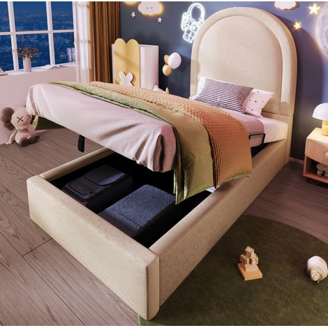 Cama infantil tapizada individual 90x200 cm con colchón y arcón Beige (1/5)
