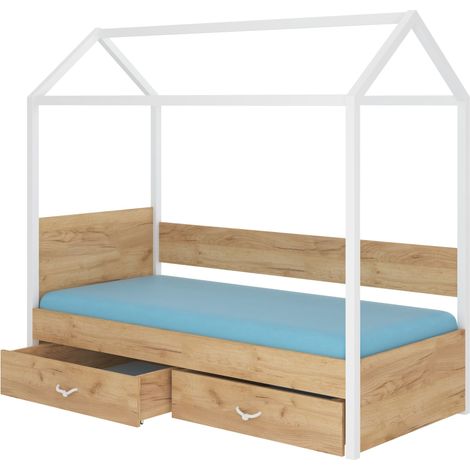 Lit enfant cabane bois pin blanc et bois oak 90x200 avec 2 tiroirs de rangement Forka (1/5)