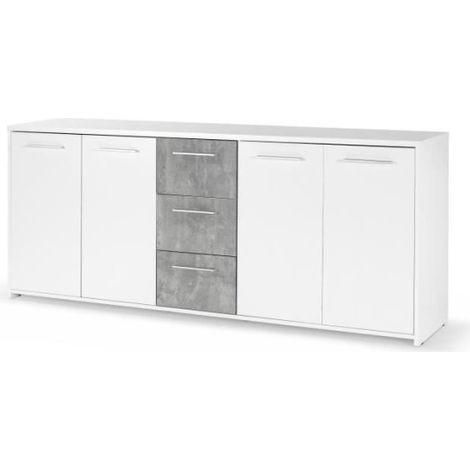 Buffet bas - Panneaux de particules - Blanc et décor gris béton - 4 portes + 3 tiroirs - L 179 x P 42 x H 74,5 cm (1/5)