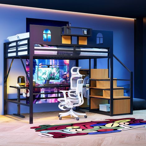 Letto a soppalco moderno 140x200 cm in metallo nero con scala contenitore, ripiano laterale e protezioni alte (1/5)