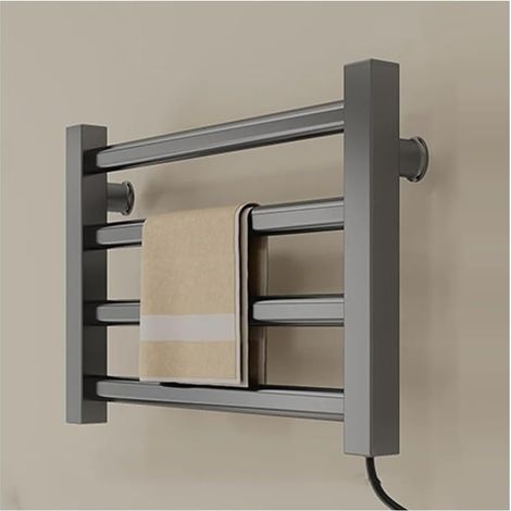 Porte-serviettes chauffant intelligent, porte-serviettes électrique mural de 80 W pour salle de bain, 4 barres, à brancher, gris. (1/5)