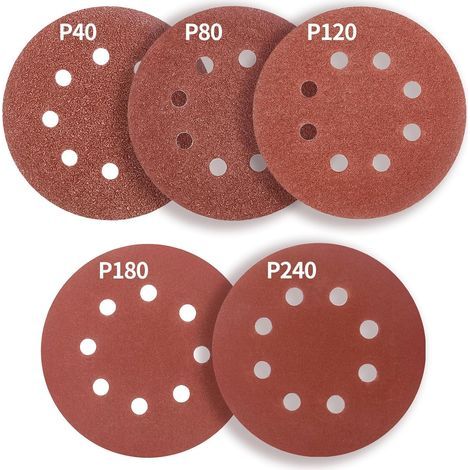 50 Sanding Discs 125mm, 8 Holes, Grit 40-240, For Random Orbital Sanders, Metal and Wood (1/5)
