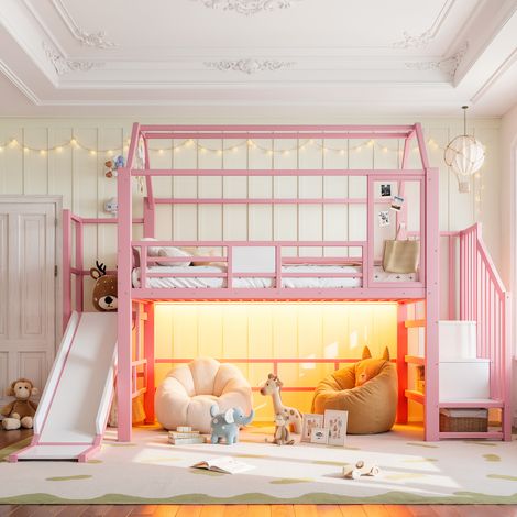 Kinderhochbett, für Matratzen 90x200 cm, mit Rutsche und Treppe mit Ablagen, MDF und Metall, rosa (1/5)
