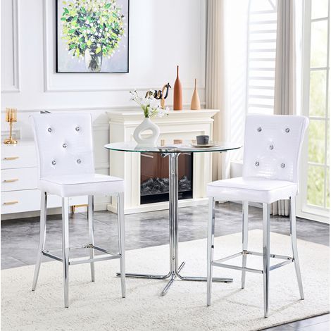Juego de 2 taburetes de bar, respaldo alto con botones tipo cristal, patas de metal cromado, PVC blanco (1/5)