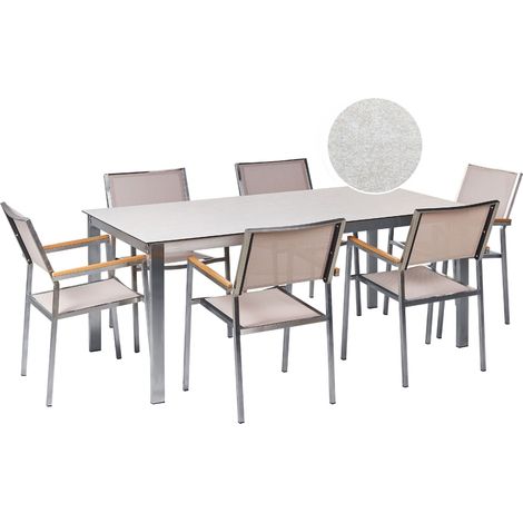 Set da pranzo da giardino con 6 posti in acciaio e vetro con sedie in tessuto bianco e beige Cosoleto/Grosseto