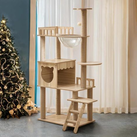 Arbre a Chat- 135CM Arbre à Chat Bois, avec condo, Escaliers pour, Bol, 9 Griffoirs en sisal, Perchoir supérieur, Balles de Jouets(KT-022 Beige) (1/5)