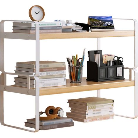 Étagère de bureau en bois à 2 niveaux multi-usages pour le stockage à la maison, au bureau, à l'école (blanc + tronc) (1/5)