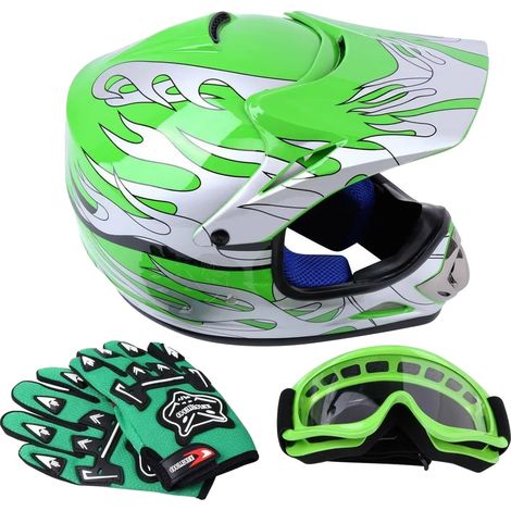 Casque de moto, certifié DOT, comprend des lunettes et des gants, Vert, L-a (1/2)