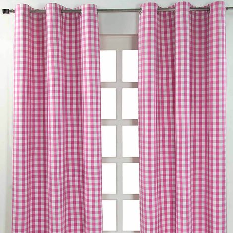 HOMESCAPES Cotton Pink Block Check Gingham Eyelet Curtains 117 x 137 cm
