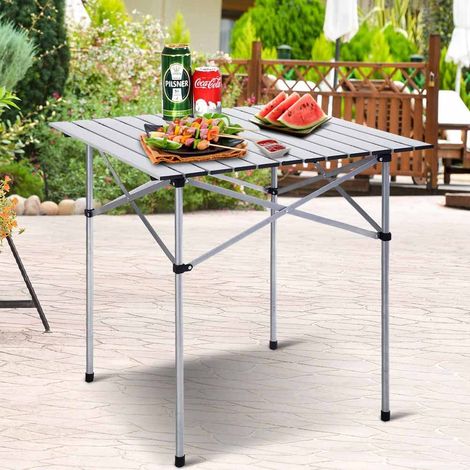 BAKAJI Tavolo Tavolino Camper Campeggio Picnic in Alluminio Pieghevole Top Arrotolabile Salvaspazio e leggero, ideale per Sagre Fiere Giardino Casa (70 x 70 cm) (1/5)