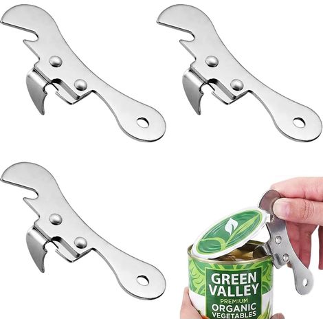 Lot de 3 ouvre-boîtes manuels multifonctions en acier inoxydable argenté avec poignée confortable pour la maison, le camping et les voyages (1/5)