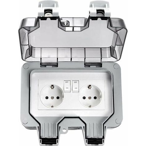 Prese esterne impermeabili, doppia presa elettrica esterna IP66, prese a muro impermeabili a 2 gruppi con coperture (1/5)
